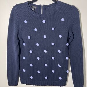 Talbots Petite Womens Navy Baubles Pom‎ Pom Polka Dot Cotton Blend Sweater Small